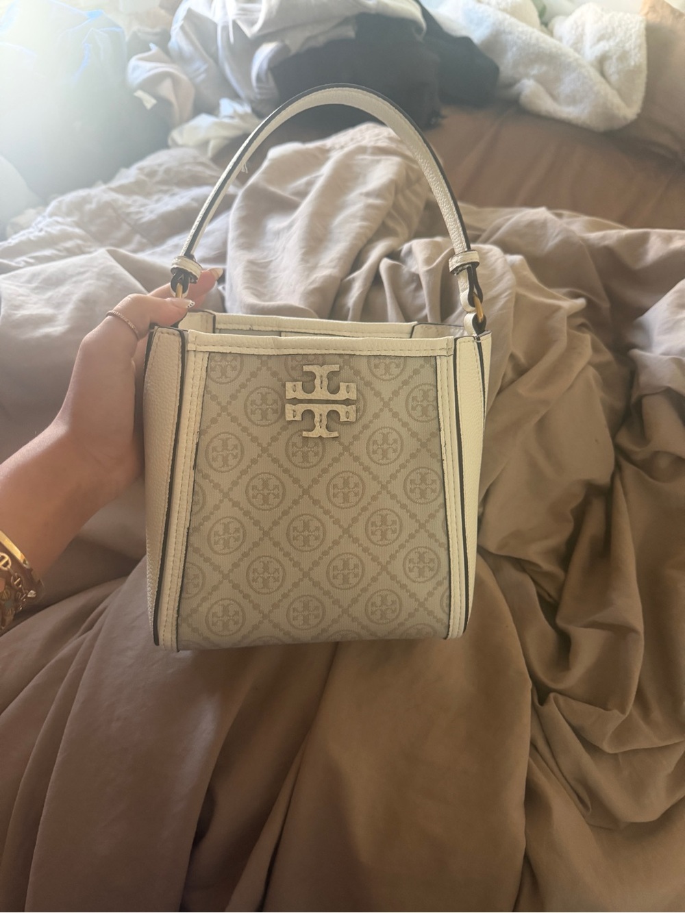 Tory Burch Ivory Logo-Print Mini Top-Handle Bag